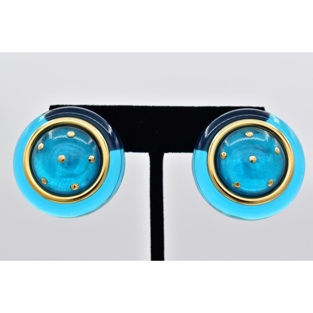 Vintage Blue Lucite Clip On Earrings Gold Round Studded Mod Statement 80s BinAI